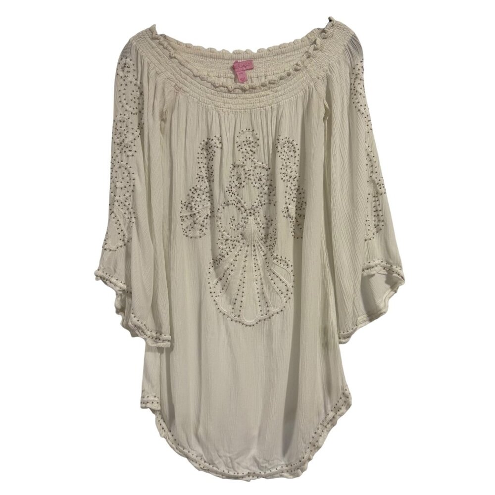 Lilly Pulitzer Bare Shoulder Gold Embellished White Rayon Dress Size XXS